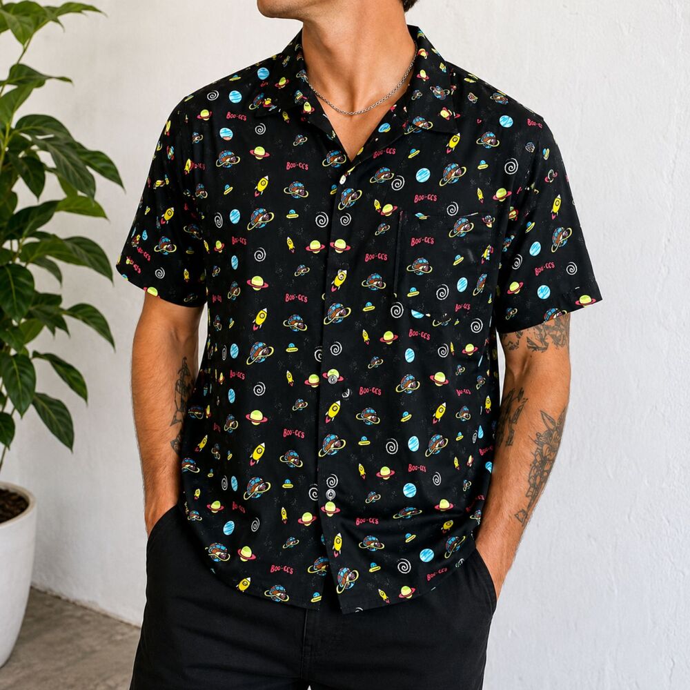 Buc-ee’s Space Print Button Up Shirt Black Retro Novelty Size XL